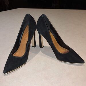 Aldo Black Suede Pointed Toe Pumps with Gold Trim